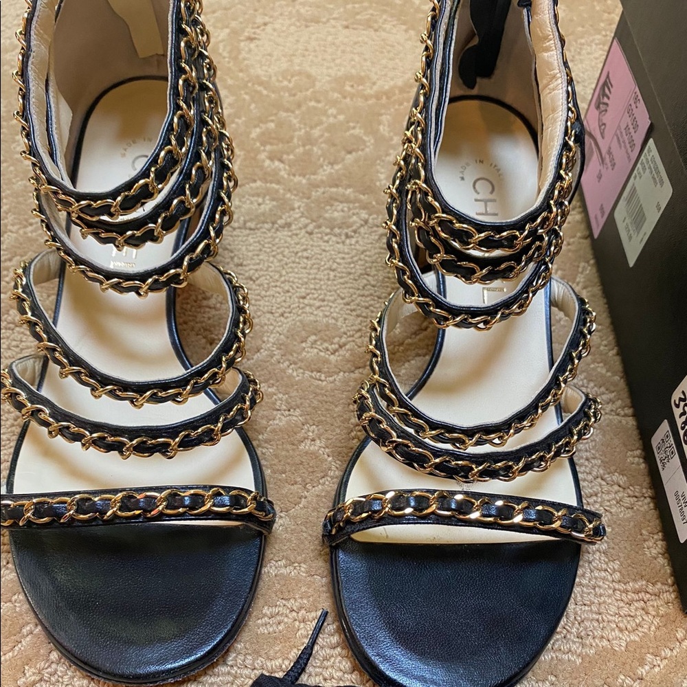 Chanel classic black and gold leather chain heeled sandals size 38 - Picture 6 of 13